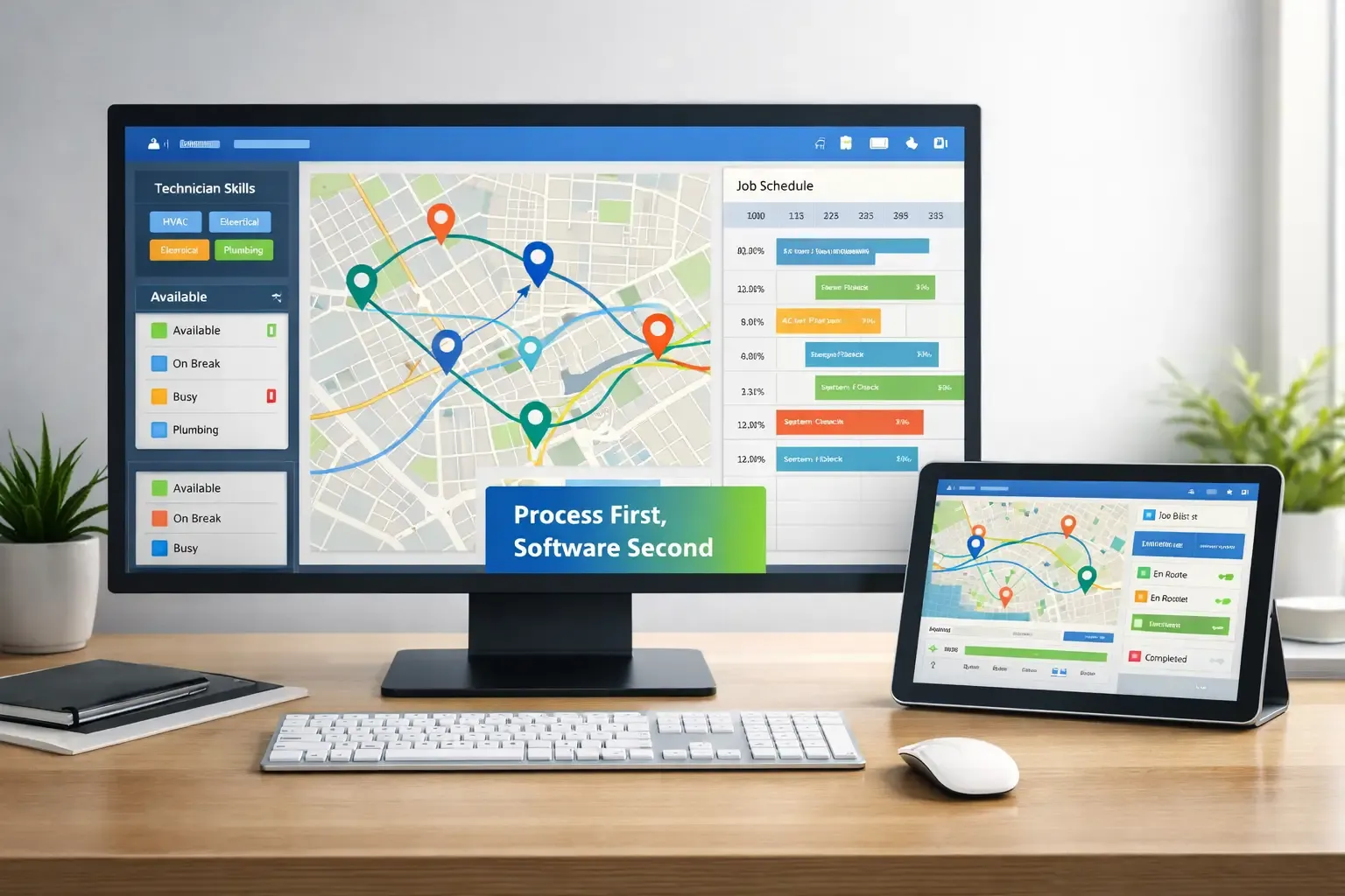 Modern desk setup with AI scheduling dashboard and smart routing map displayed